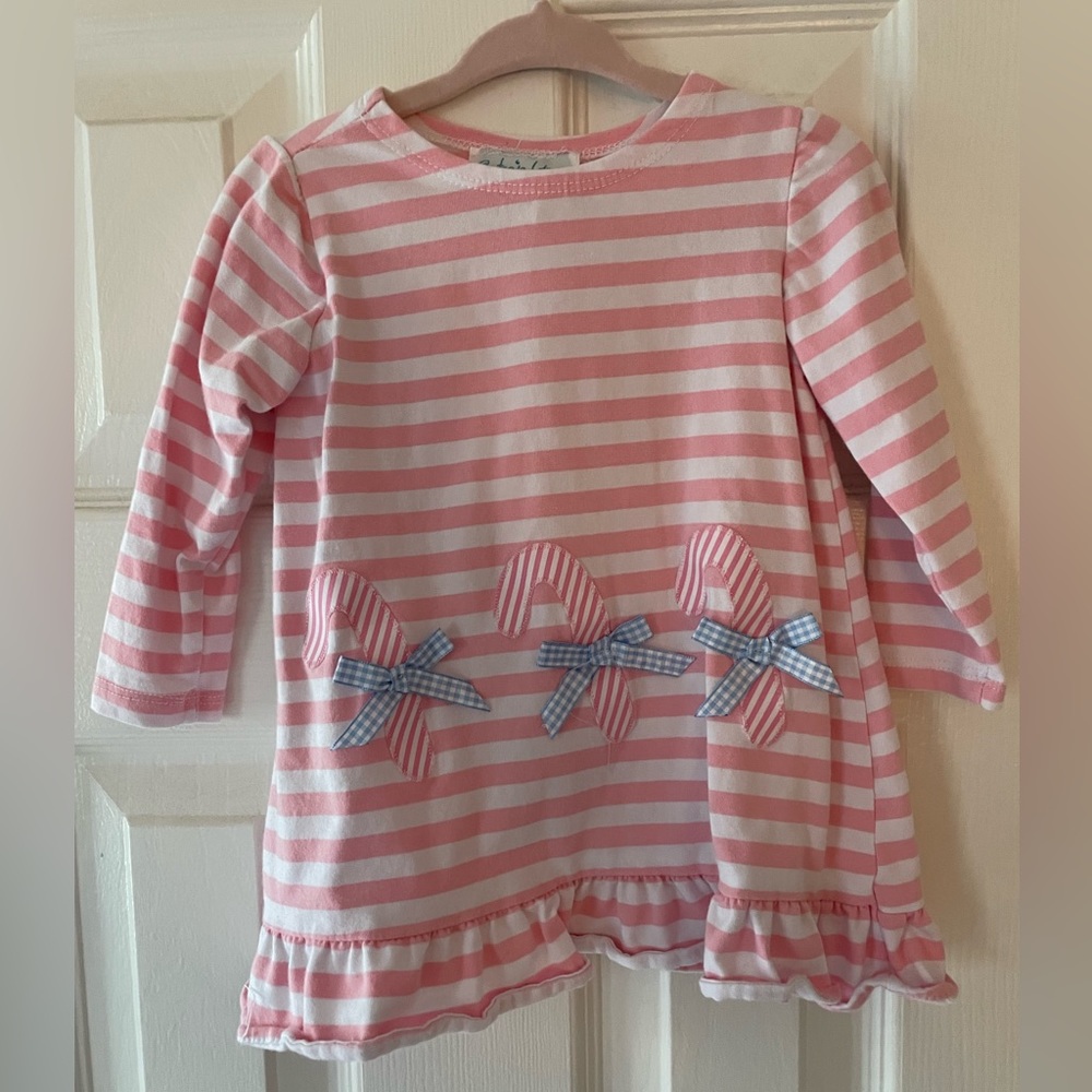 Pink striped appliqué candy cane dress. Never worn. 12m.